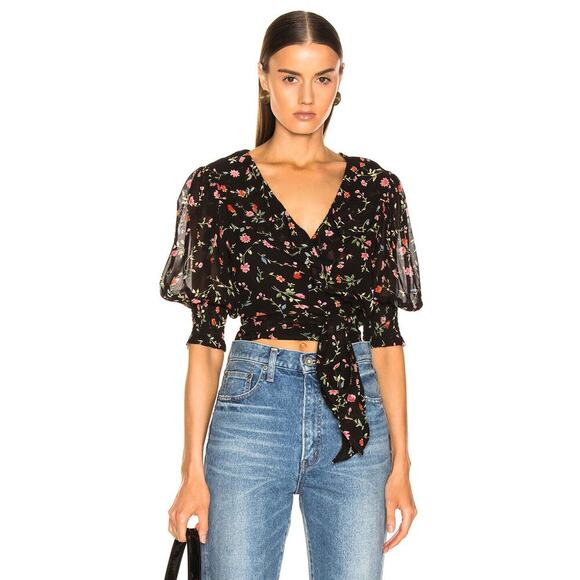 Ganni Viscose Black Elm Floral Georgette Wrap Top $160 MSRP - Picture 2 of 8
